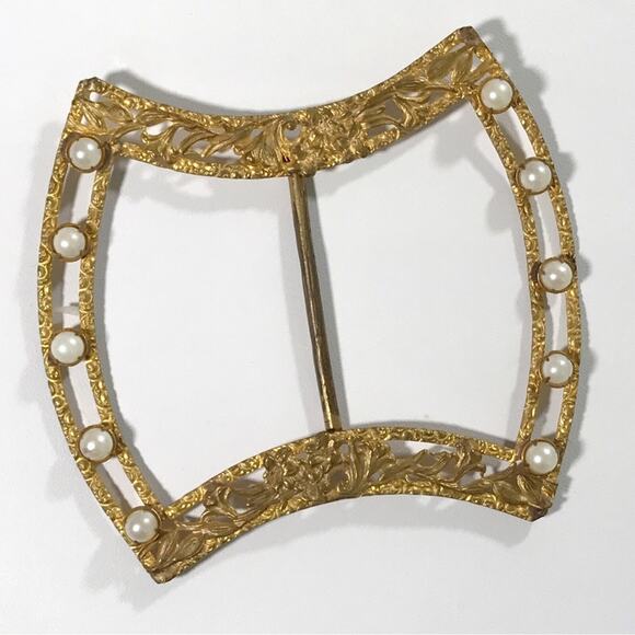 Vintage Ornate Filigree Pearl Gold Gilt Victorian Sash Belt Buckle Large Estate - Picture 5 of 14